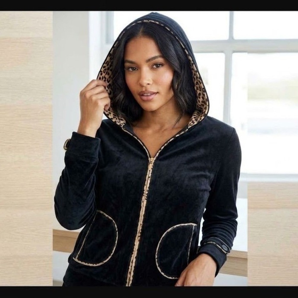 Vintage Y2K Jacket Velour Full Zip Hoodie Black Leopard Animal Print Trim Medium - Picture 3 of 8